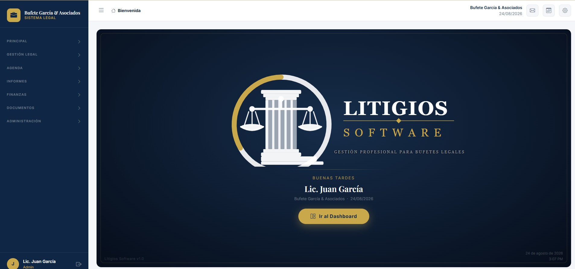 Panel principal de Litigios Software